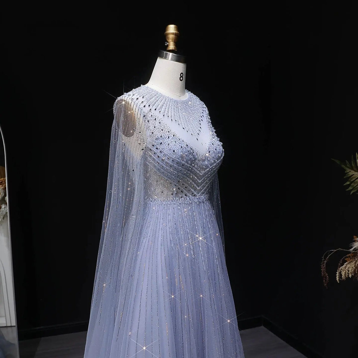 Glamorous Pink Illusion Neck Beaded Chiffon Evening Dress with Cape Sleeves SS054 