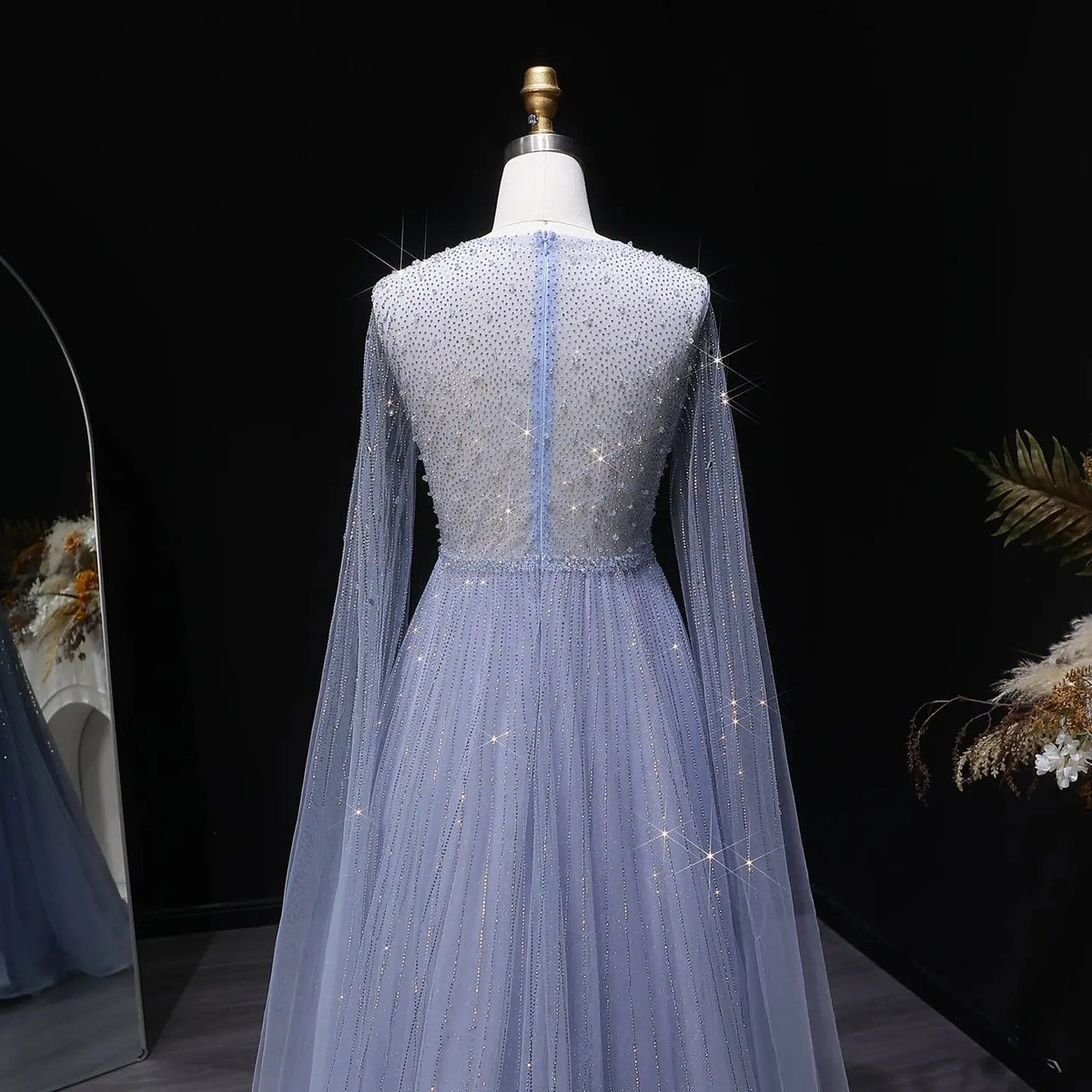 Glamorous Pink Illusion Neck Beaded Chiffon Evening Dress with Cape Sleeves SS054 