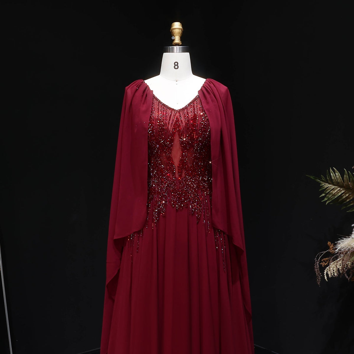 Luxury Purple V-Neck Beaded Chiffon Evening Dress with Cape Sleeves SS053 