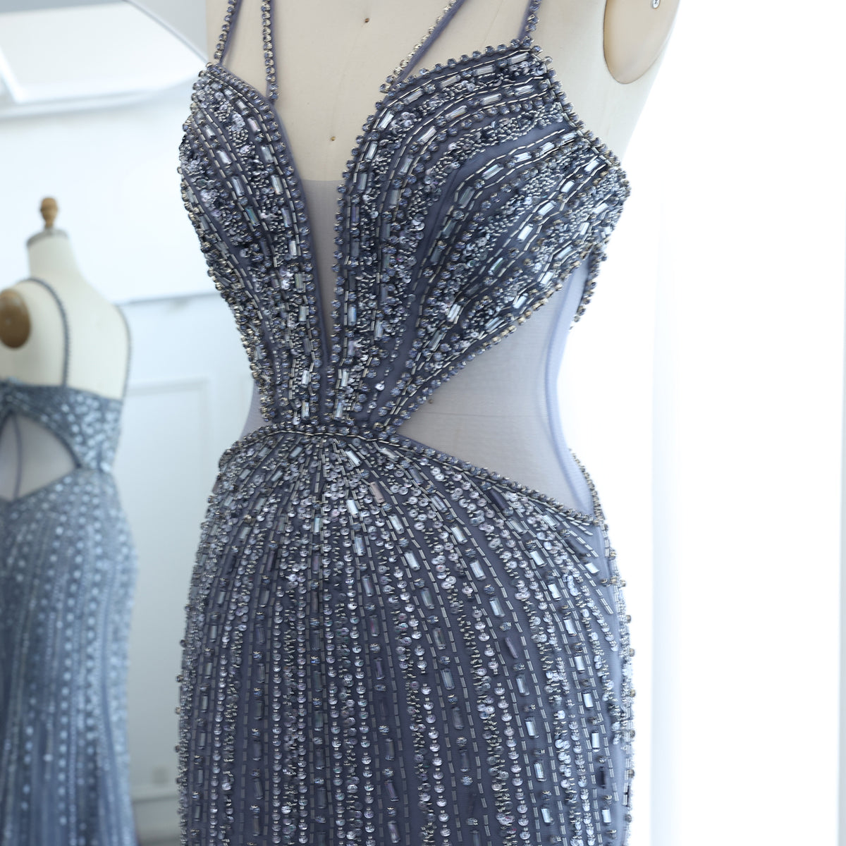 Luxury Beaded Crystal Blue Spaghetti Strap High-Slit Evening Dress SS177 