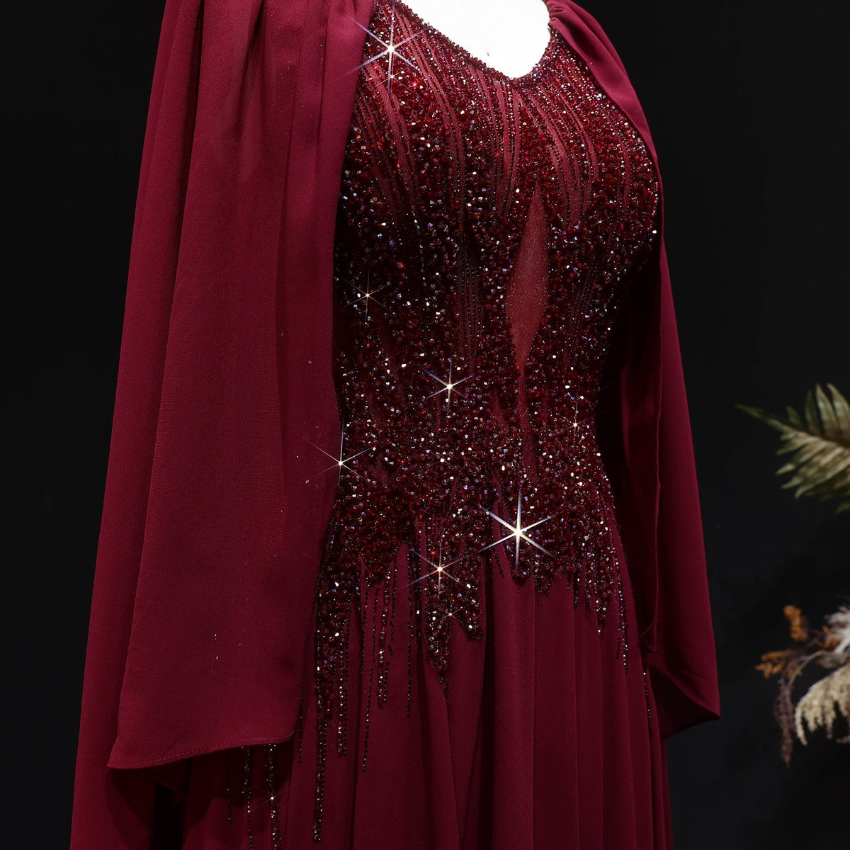 Luxury Purple V-Neck Beaded Chiffon Evening Dress with Cape Sleeves SS053 