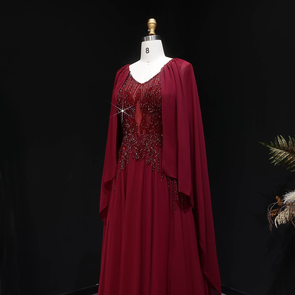 Luxury Purple V-Neck Beaded Chiffon Evening Dress with Cape Sleeves SS053 