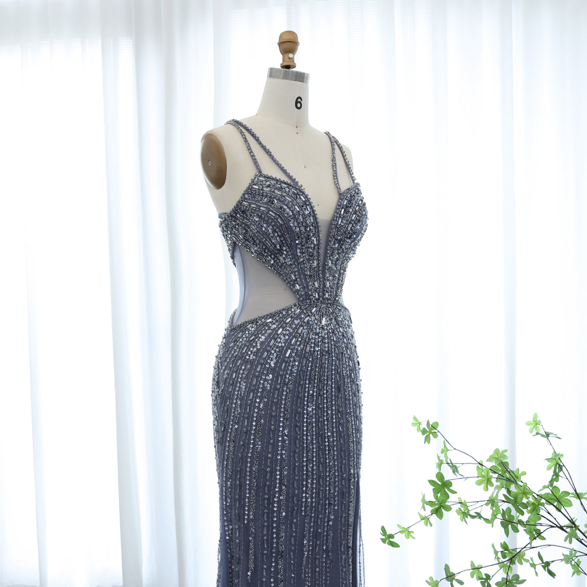 Luxury Beaded Crystal Blue Spaghetti Strap High-Slit Evening Dress SS177 