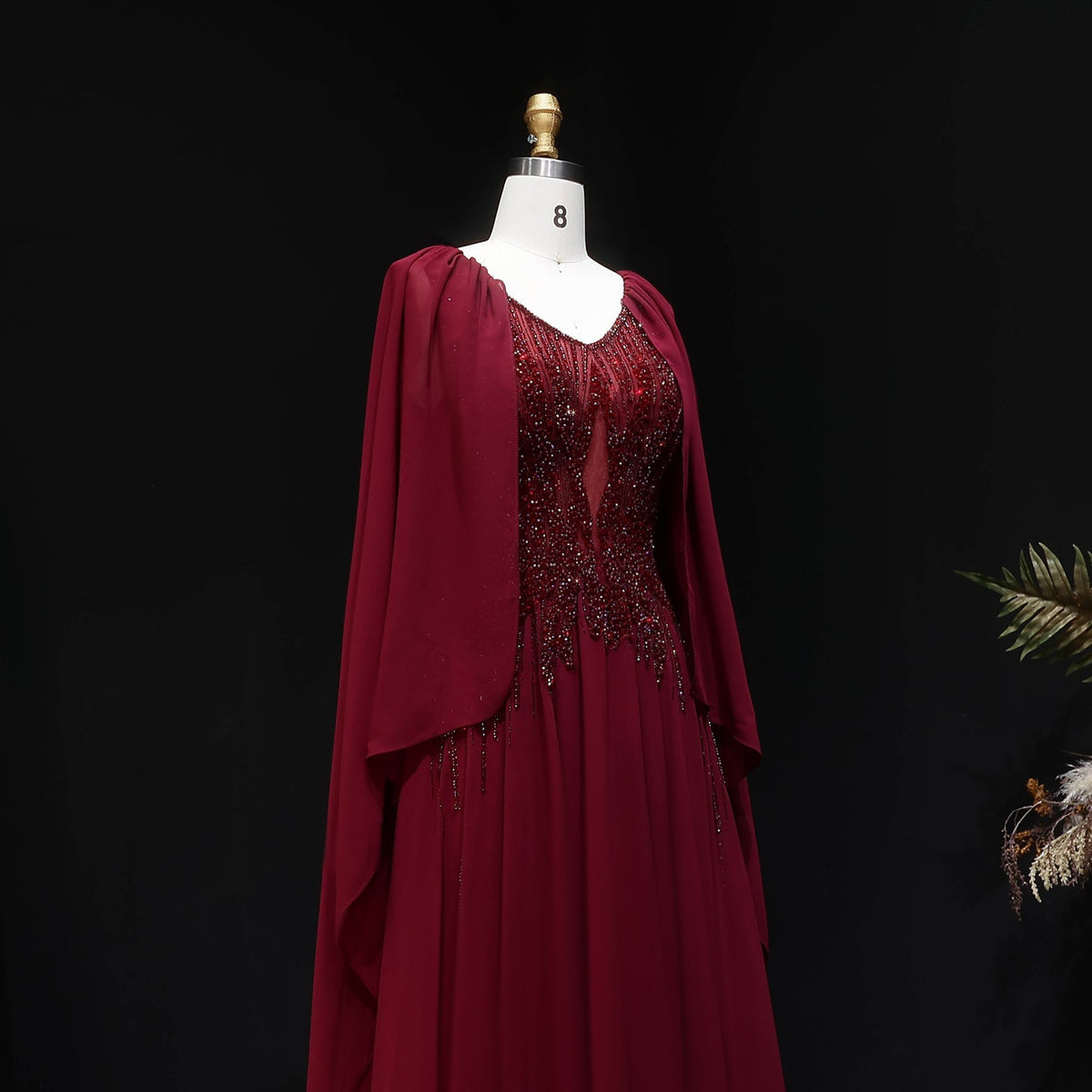 Luxury Purple V-Neck Beaded Chiffon Evening Dress with Cape Sleeves SS053 