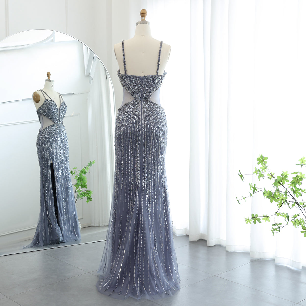 Luxury Beaded Crystal Blue Spaghetti Strap High-Slit Evening Dress SS177 
