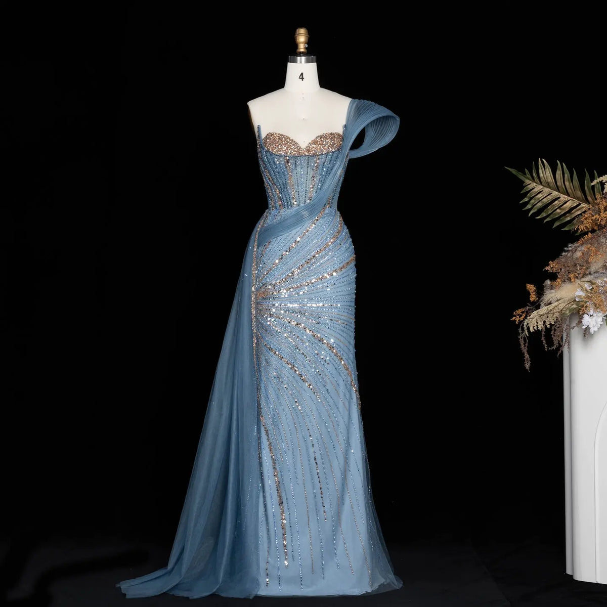 Blue Sequin Pleated One Shoulder Evening Dress-3