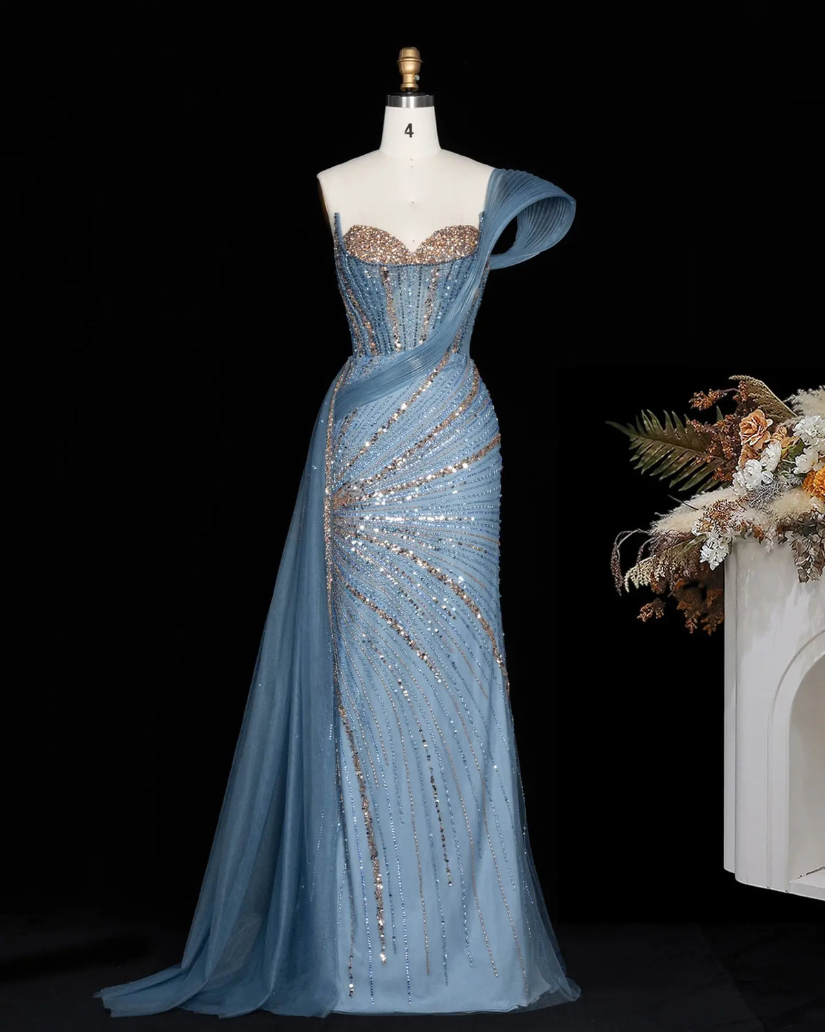 Blue Sequin Pleated One Shoulder Evening Dress