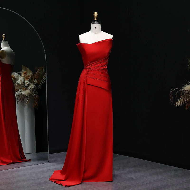 Elegant Crystal Red Mermaid Evening Dress with Overskirt SF514 