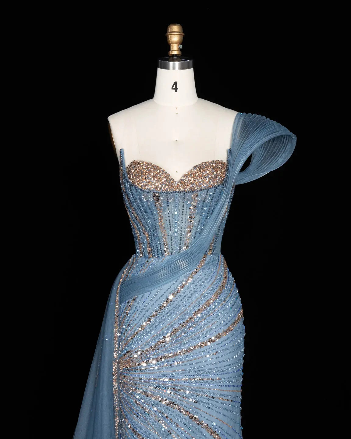 Blue Sequin Pleated One Shoulder Evening Dress-4