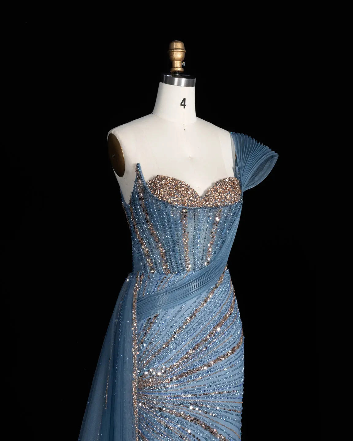 Blue Sequin Pleated One Shoulder Evening Dress-5