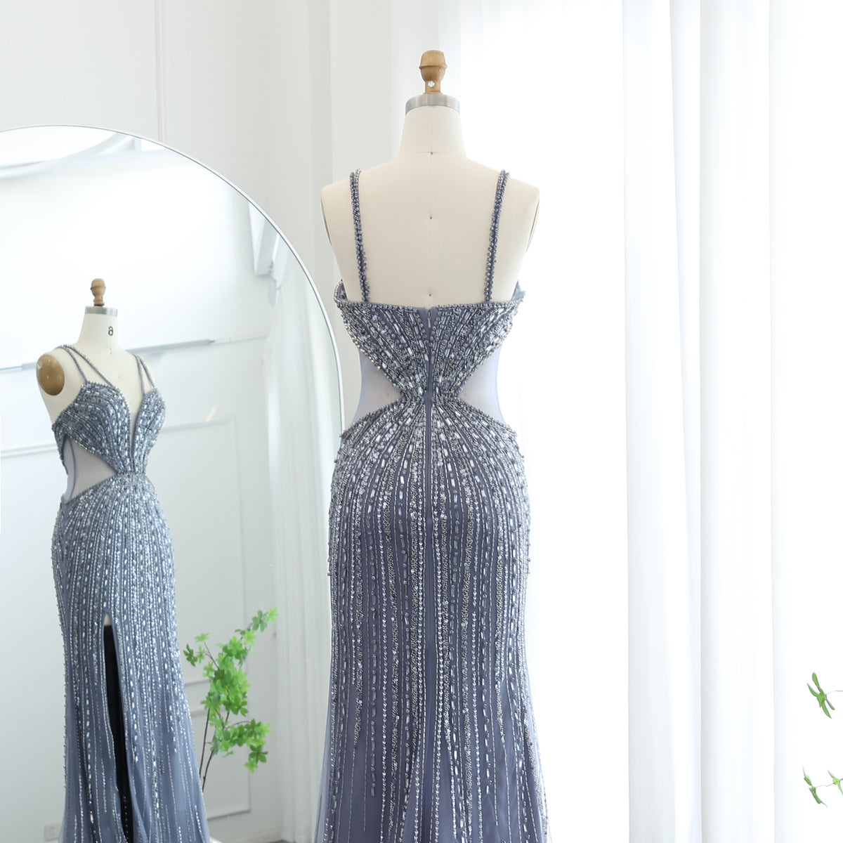 Luxury Beaded Crystal Blue Spaghetti Strap High-Slit Evening Dress SS177 