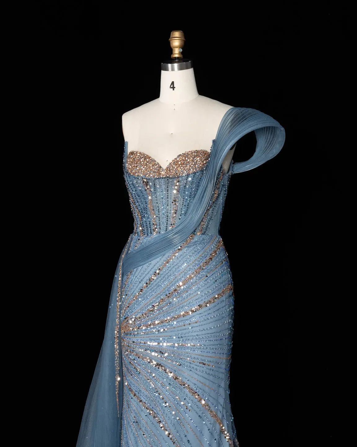 Blue Sequin Pleated One Shoulder Evening Dress-6