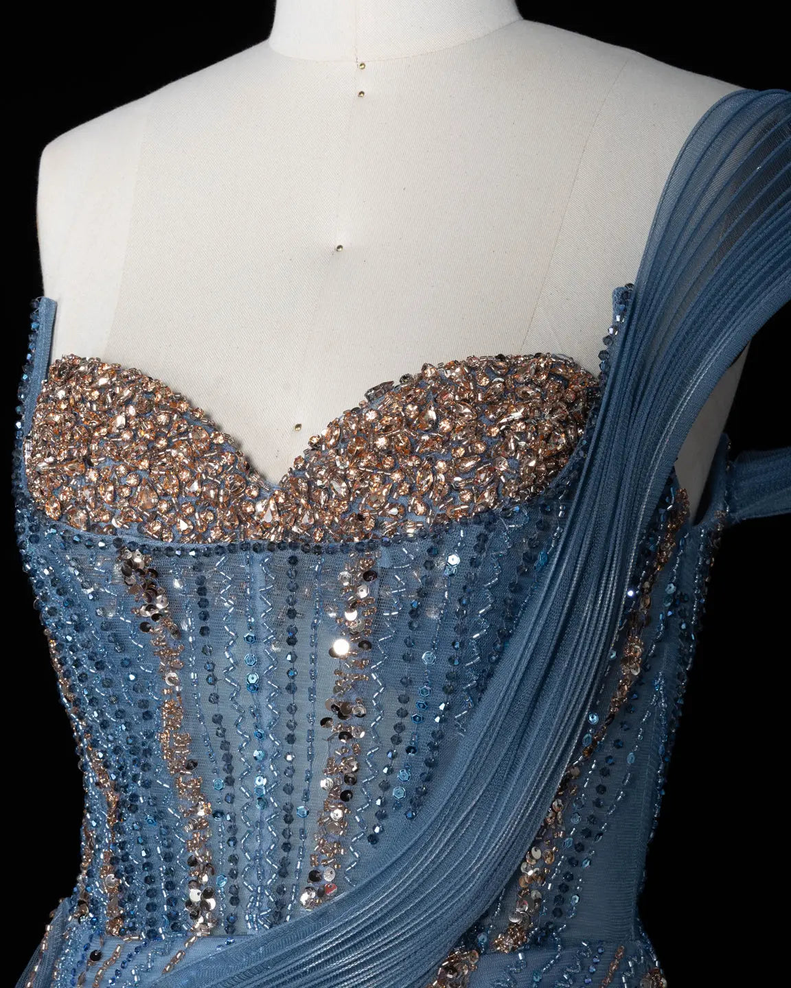 Blue Sequin Pleated One Shoulder Evening Dress-7
