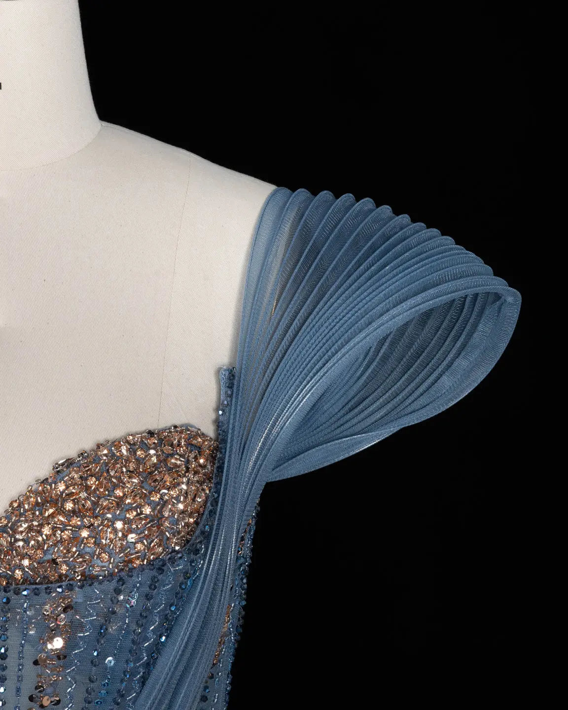 Blue Sequin Pleated One Shoulder Evening Dress-9