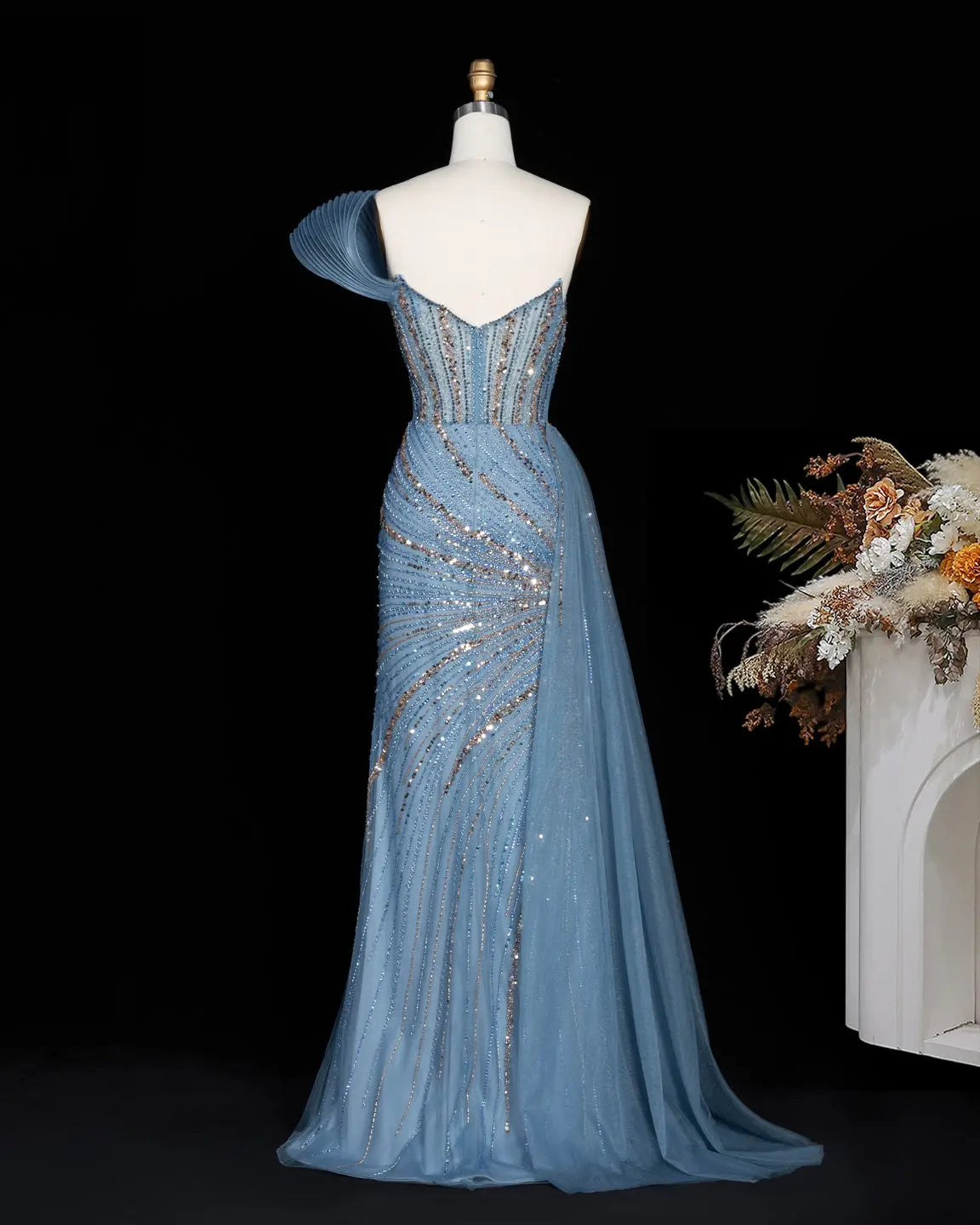 Blue Sequin Pleated One Shoulder Evening Dress-10