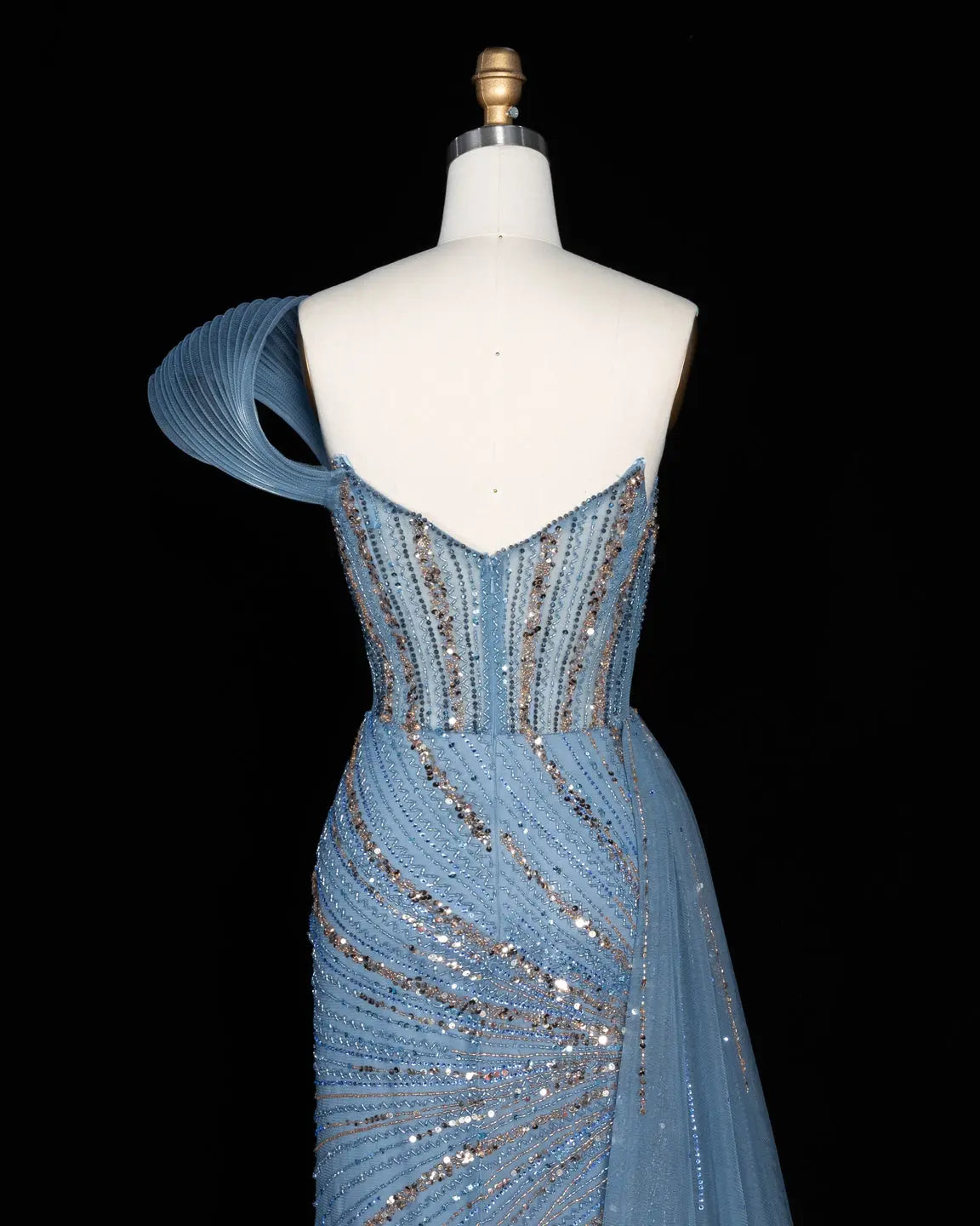 Blue Sequin Pleated One Shoulder Evening Dress-12