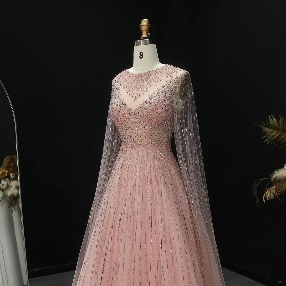 Glamorous Pink Illusion Neck Beaded Chiffon Evening Dress with Cape Sleeves SS054 
