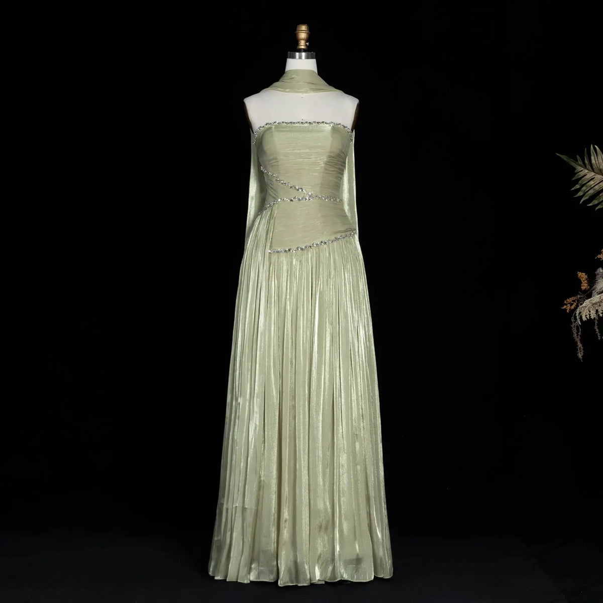 Green Pleated Cape Formal Evening Dress SF189