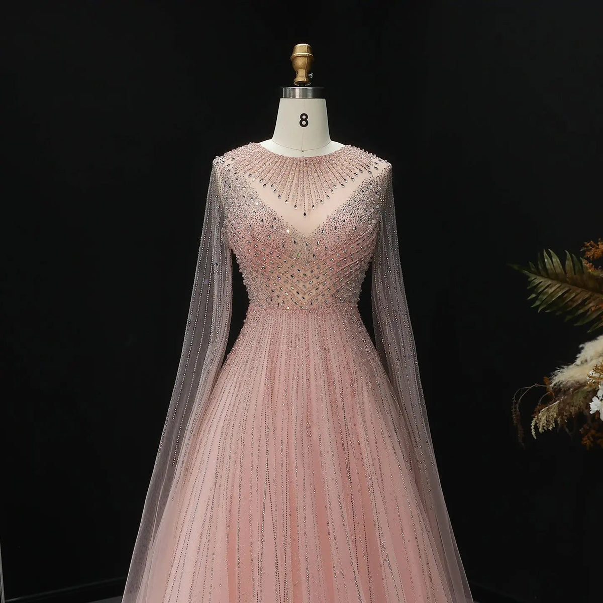 Glamorous Pink Illusion Neck Beaded Chiffon Evening Dress with Cape Sleeves SS054 