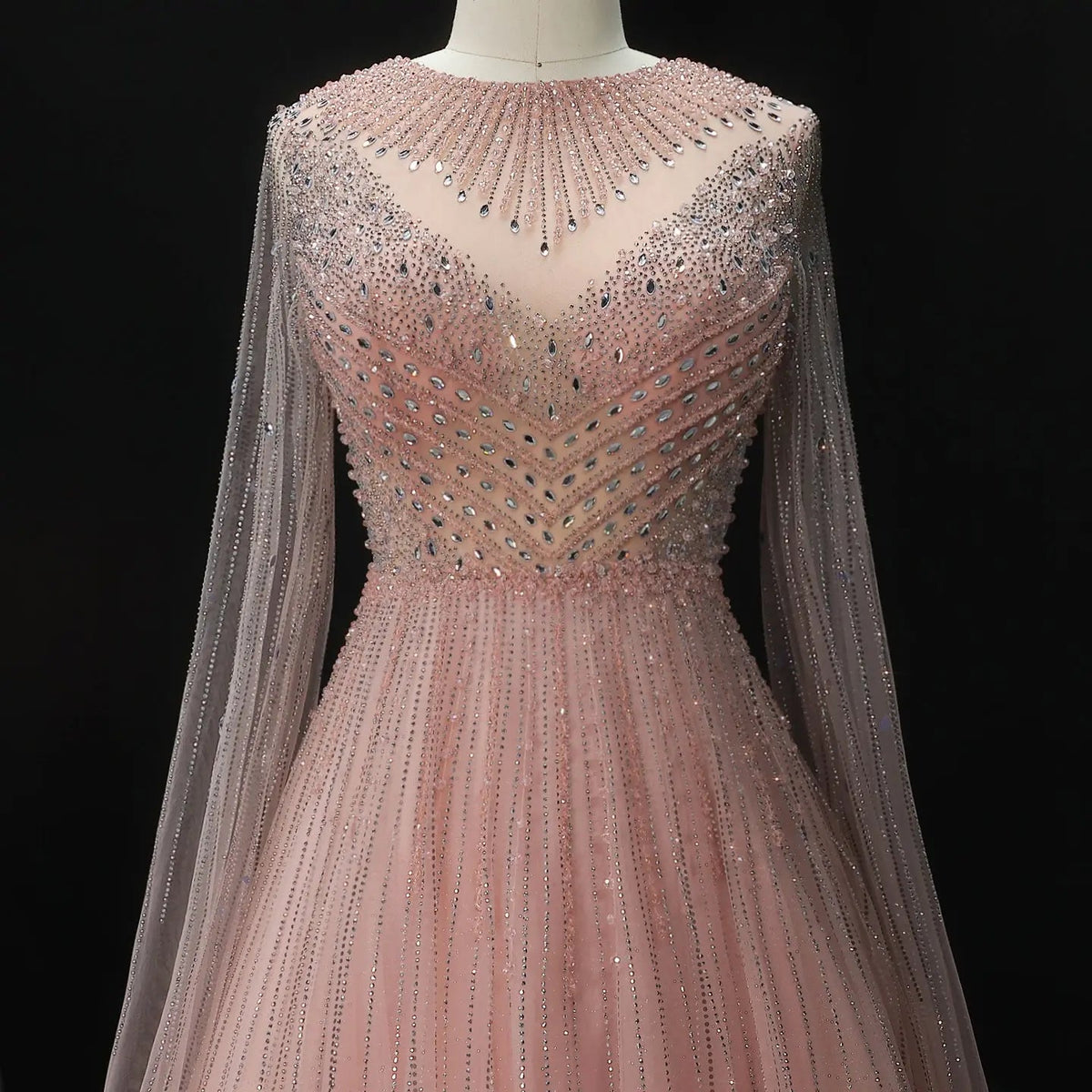 Glamorous Pink Illusion Neck Beaded Chiffon Evening Dress with Cape Sleeves SS054 