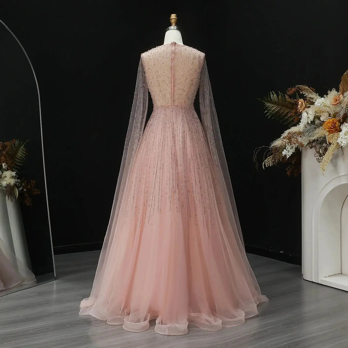 Glamorous Pink Illusion Neck Beaded Chiffon Evening Dress with Cape Sleeves SS054