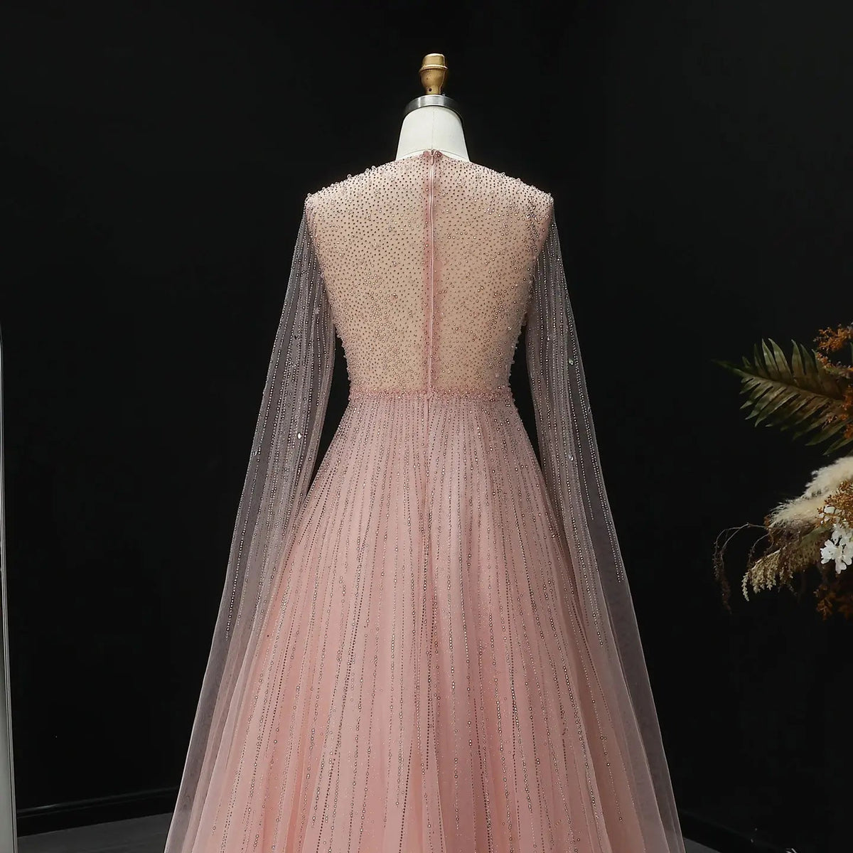 Glamorous Pink Illusion Neck Beaded Chiffon Evening Dress with Cape Sleeves SS054 