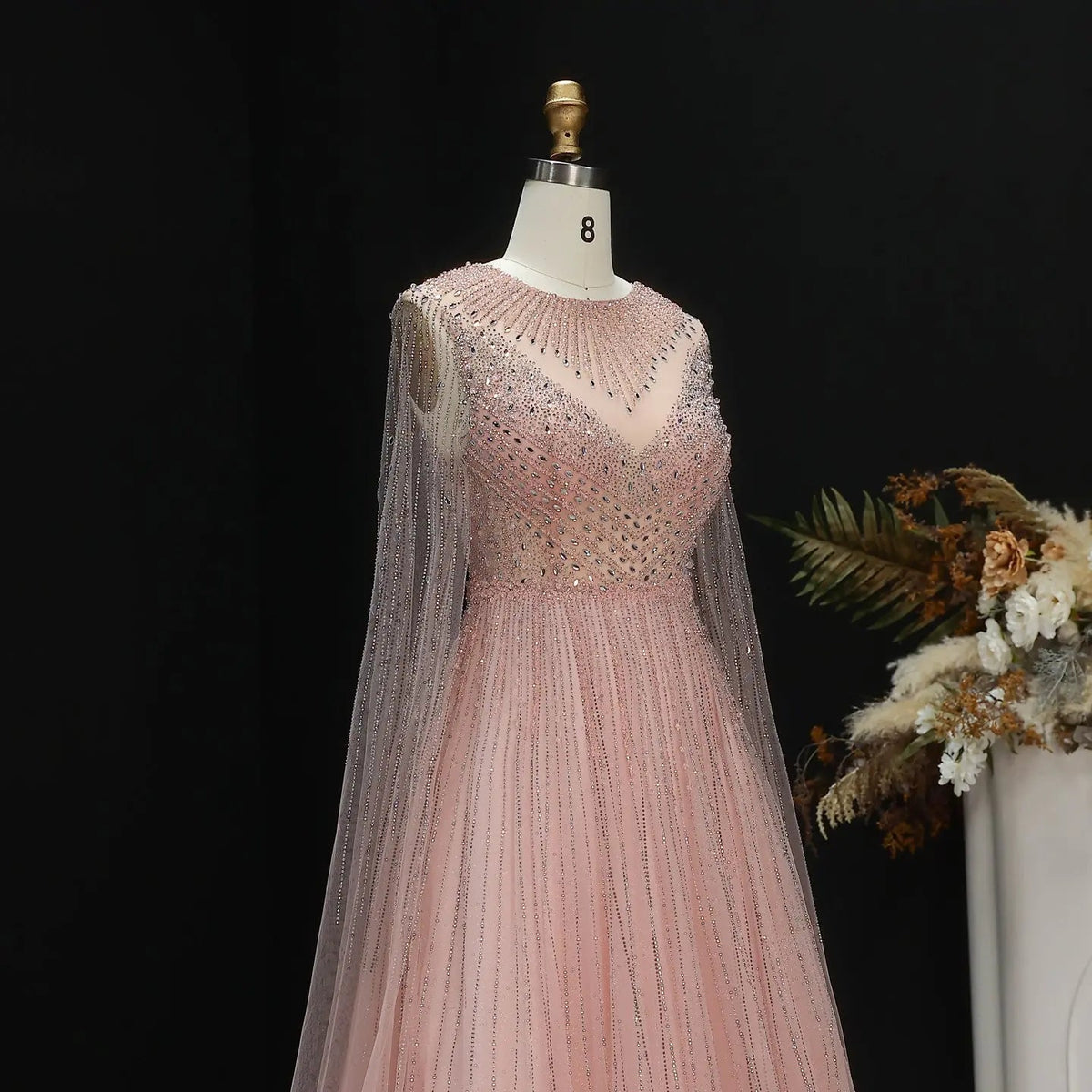 Glamorous Pink Illusion Neck Beaded Chiffon Evening Dress with Cape Sleeves SS054 