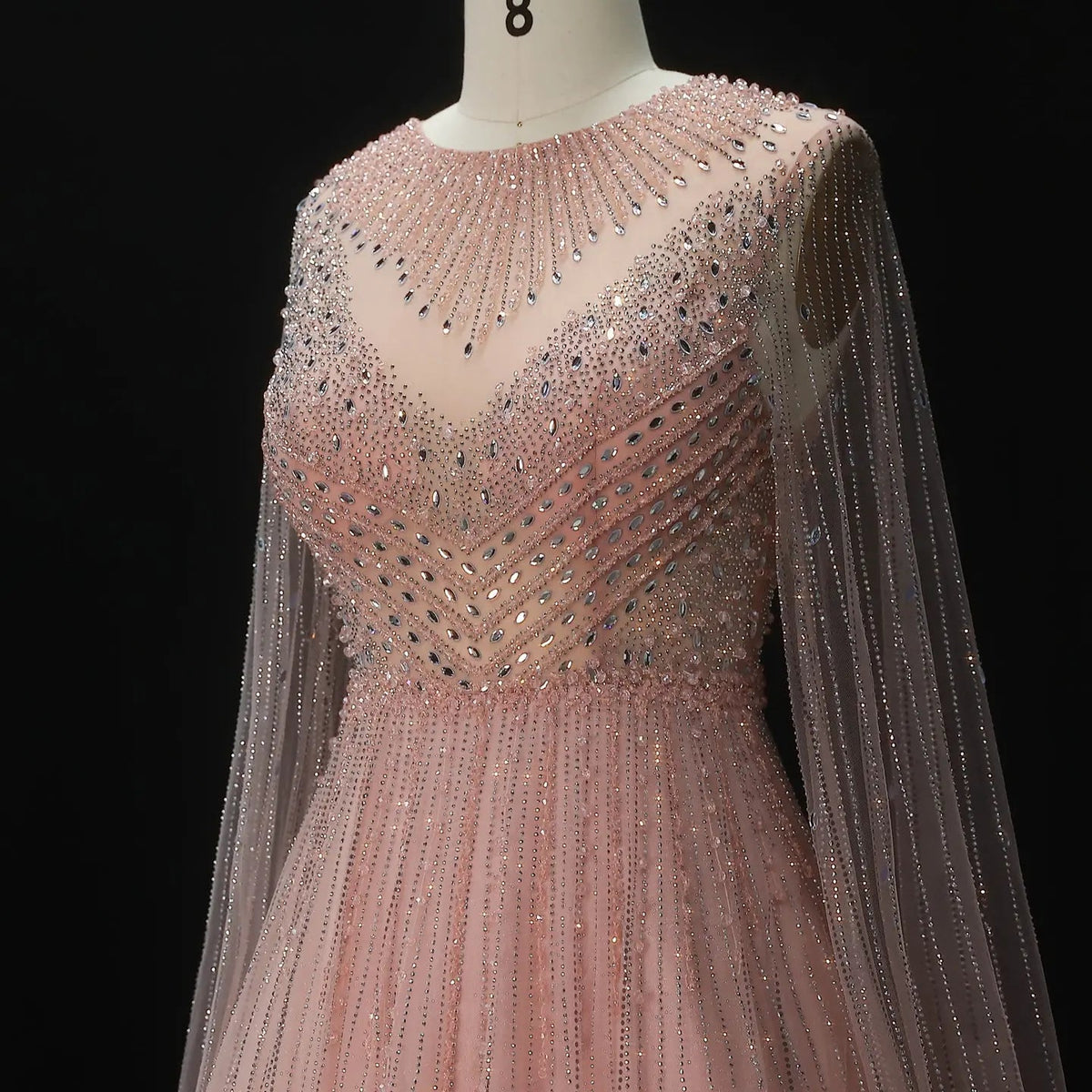 Glamorous Pink Illusion Neck Beaded Chiffon Evening Dress with Cape Sleeves SS054 