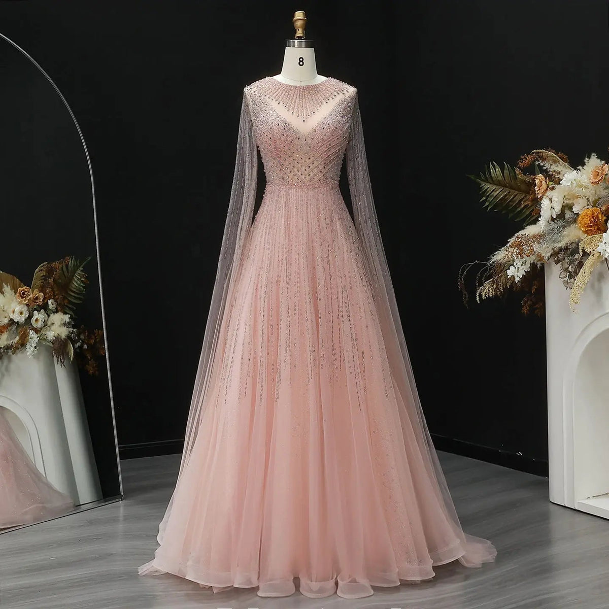 Glamorous Pink Illusion Neck Beaded Chiffon Evening Dress with Cape Sleeves SS054 