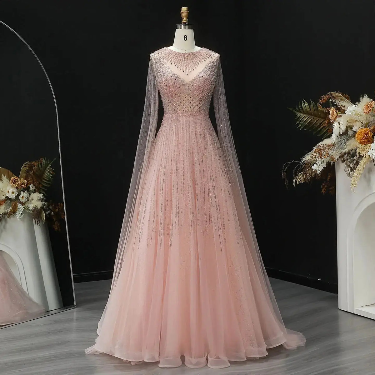 Glamorous Pink Illusion Neck Beaded Chiffon Evening Dress with Cape Sleeves SS054 