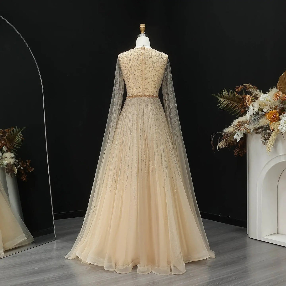 Glamorous Pink Illusion Neck Beaded Chiffon Evening Dress with Cape Sleeves SS054 