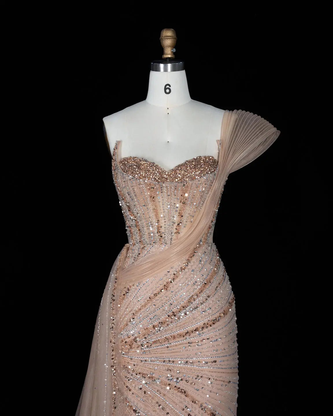 Blue Sequin Pleated One Shoulder Evening Dress-15