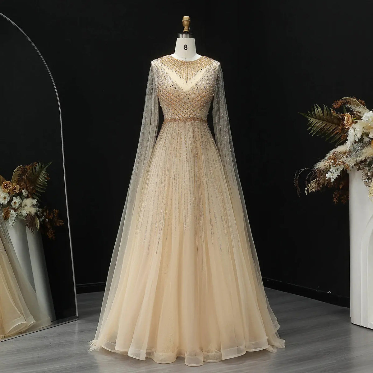 Glamorous Pink Illusion Neck Beaded Chiffon Evening Dress with Cape Sleeves SS054 