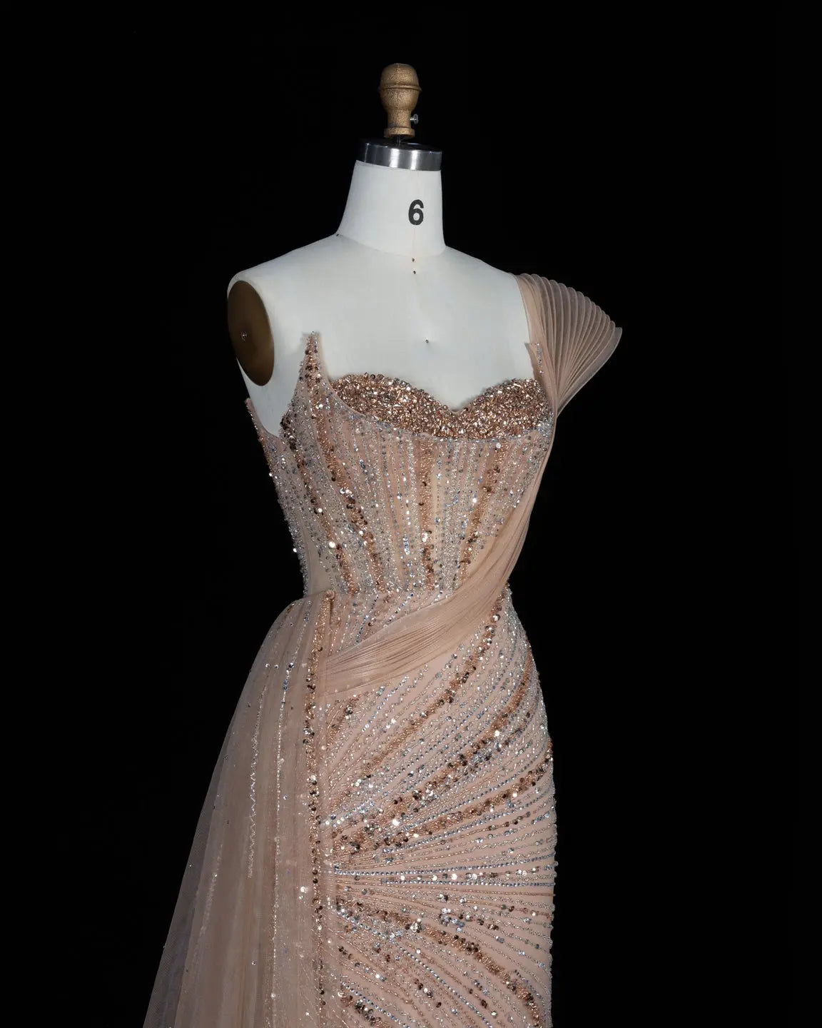 Blue Sequin Pleated One Shoulder Evening Dress-16