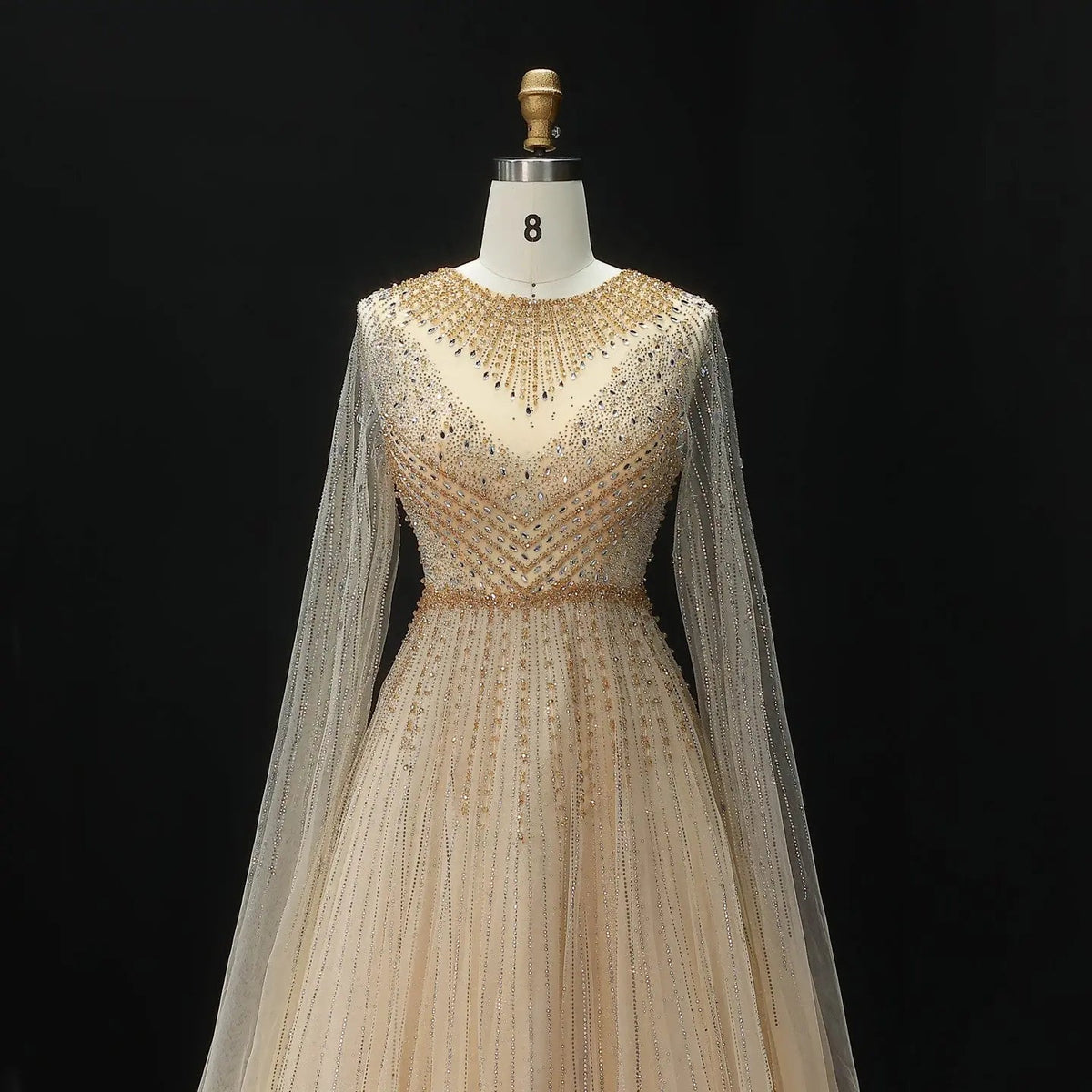 Glamorous Pink Illusion Neck Beaded Chiffon Evening Dress with Cape Sleeves SS054 