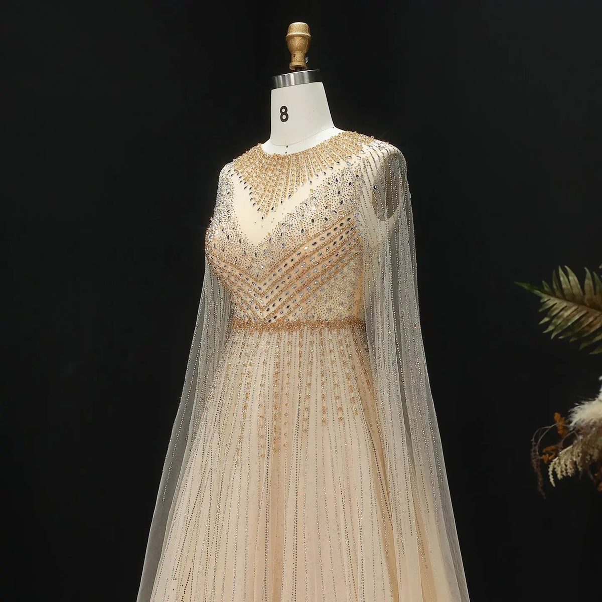 Glamorous Pink Illusion Neck Beaded Chiffon Evening Dress with Cape Sleeves SS054 