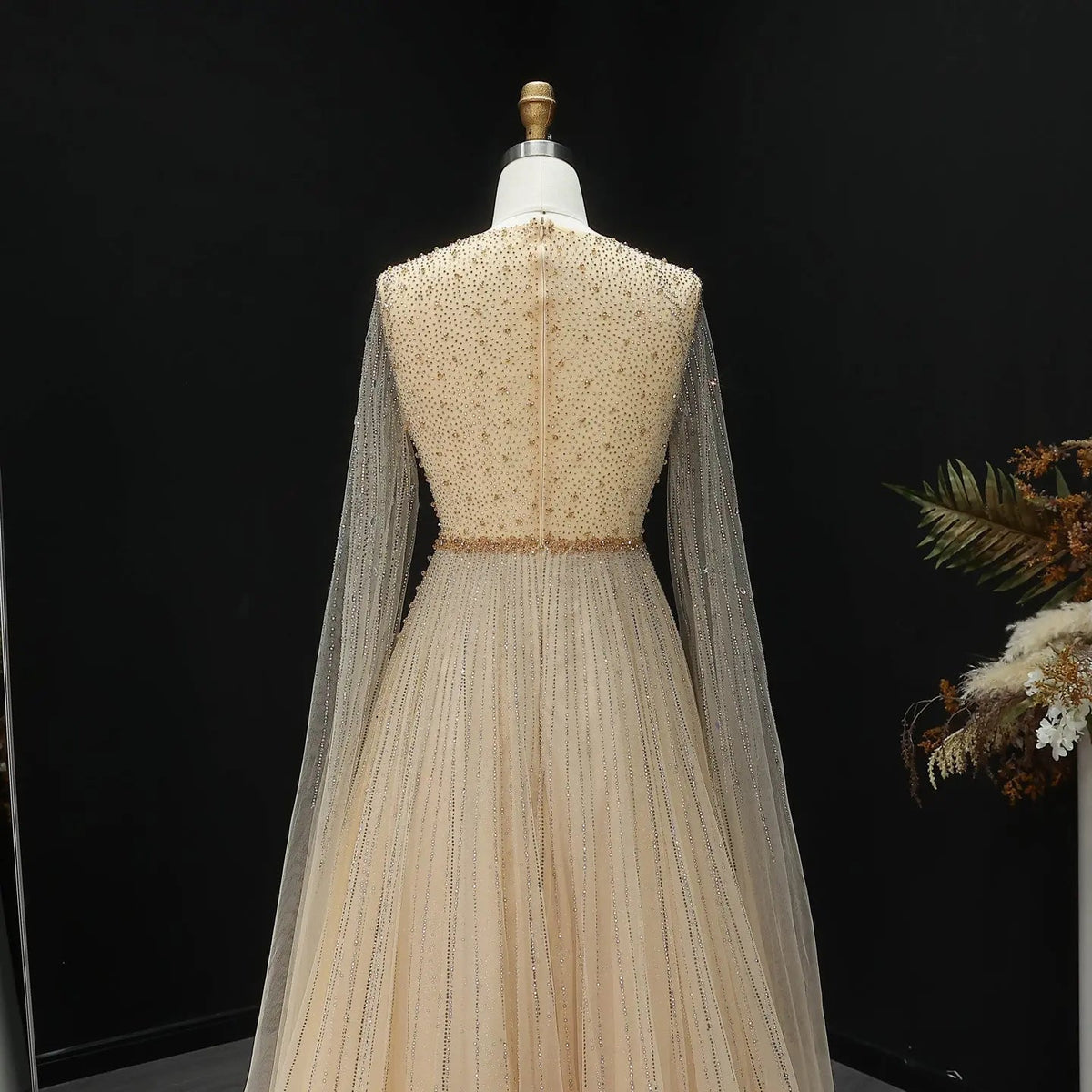 Glamorous Pink Illusion Neck Beaded Chiffon Evening Dress with Cape Sleeves SS054 