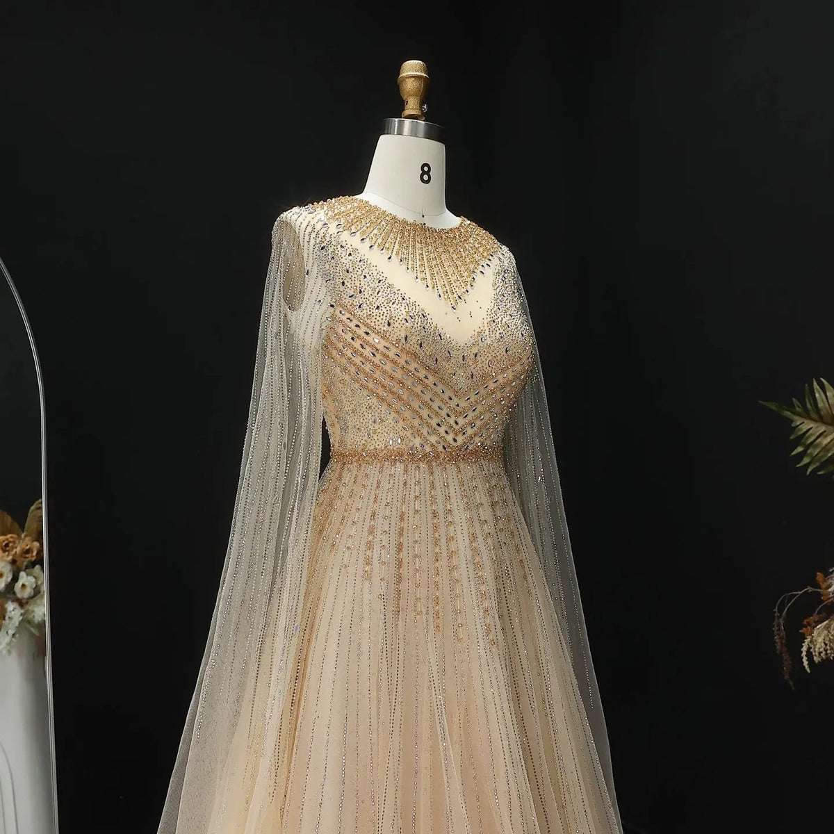 Glamorous Pink Illusion Neck Beaded Chiffon Evening Dress with Cape Sleeves SS054 