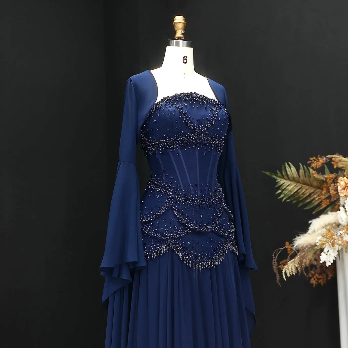 Luxury Pearls Tassel Blue and Yellow Evening Dress with Flowing Sleeves SS286 