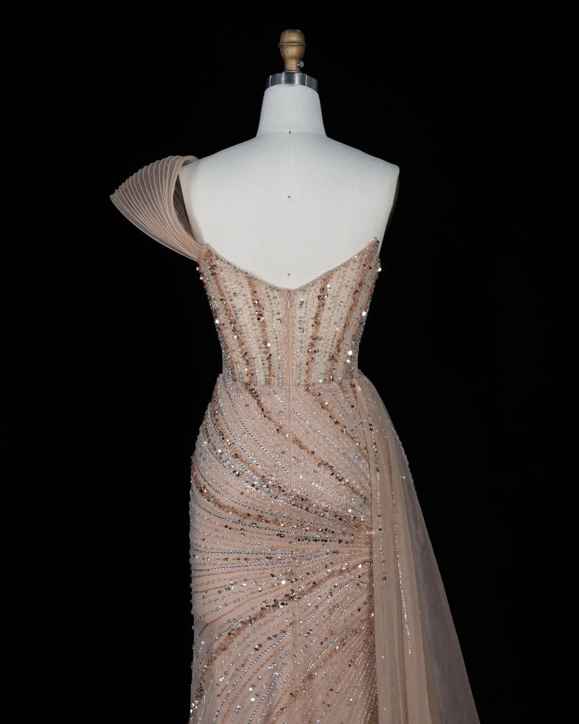 Blue Sequin Pleated One Shoulder Evening Dress-22