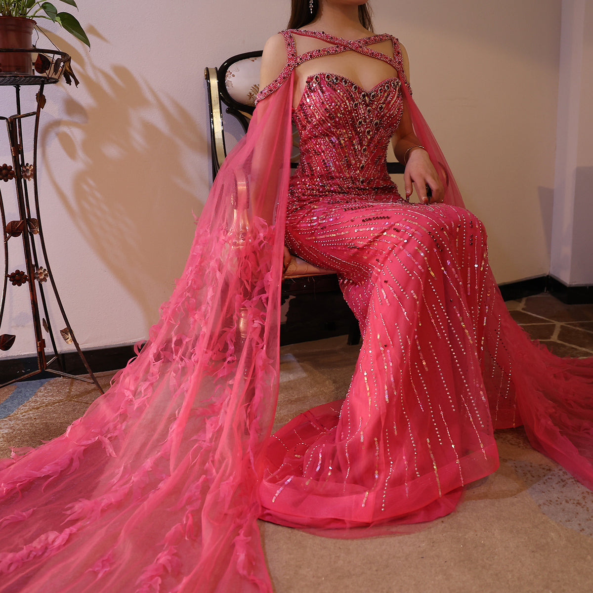 Sharon Said Arabic Fuchsia Mermaid Dubai Evening Dresses with Cape Sleeves Luxury Crystal Turquoise Women Wedding Party Dress SS468