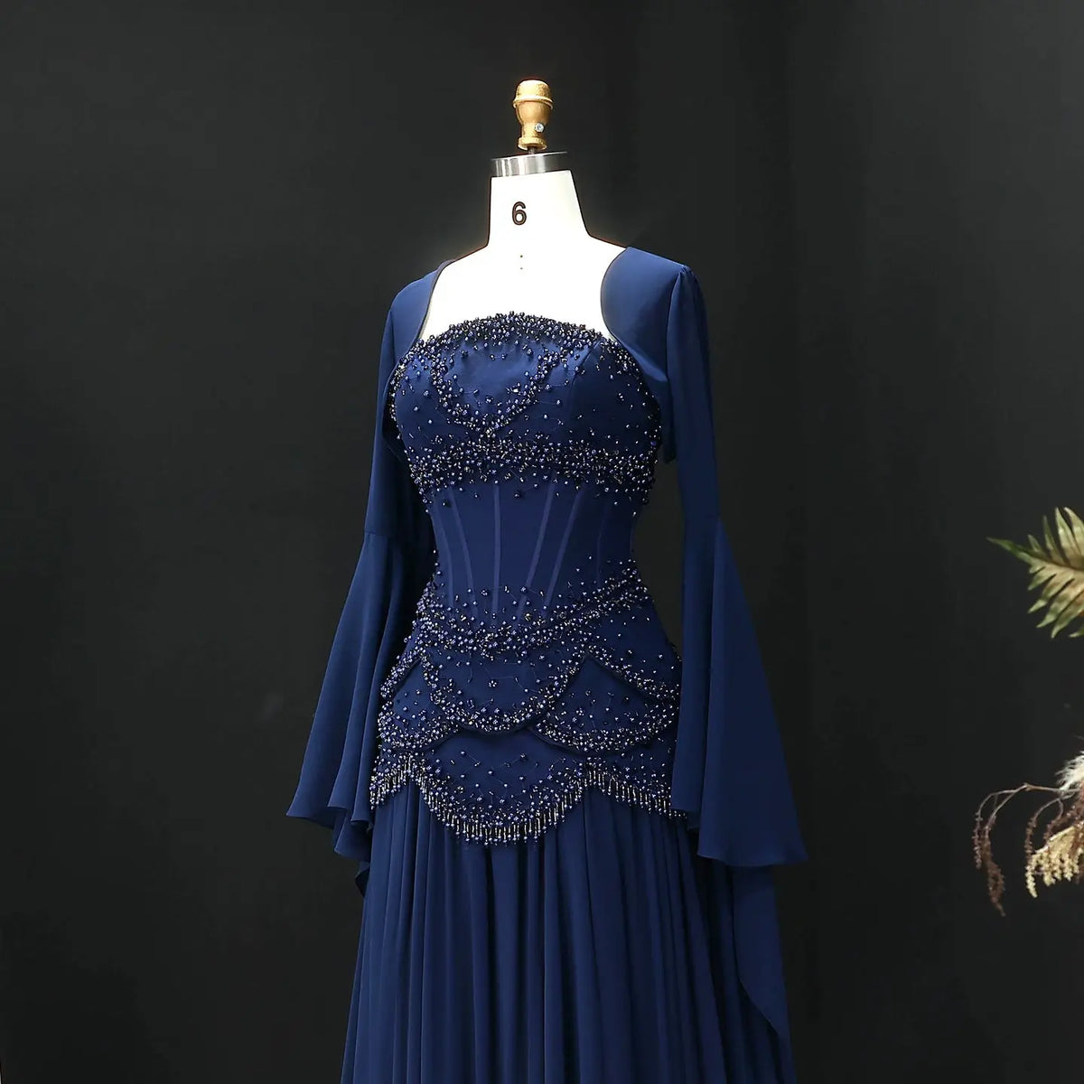 Luxury Pearls Tassel Blue and Yellow Evening Dress with Flowing Sleeves SS286 