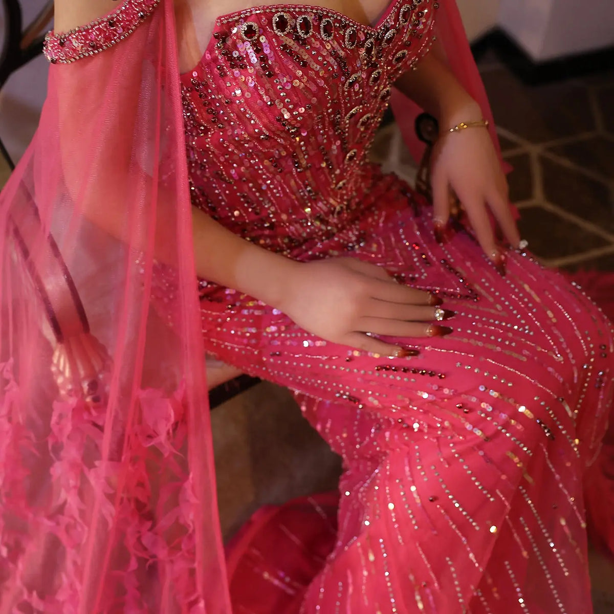 Luxury Fuchsia Evening Dress with Cape Sleeves SS468 