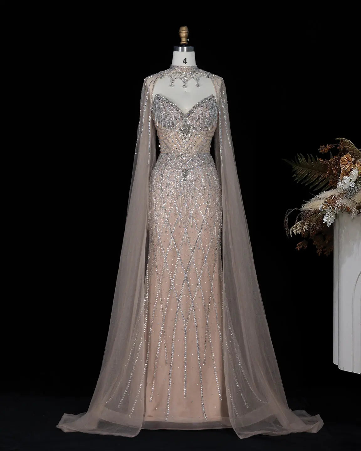 Champagne Beaded Cape Evening Gown SS138