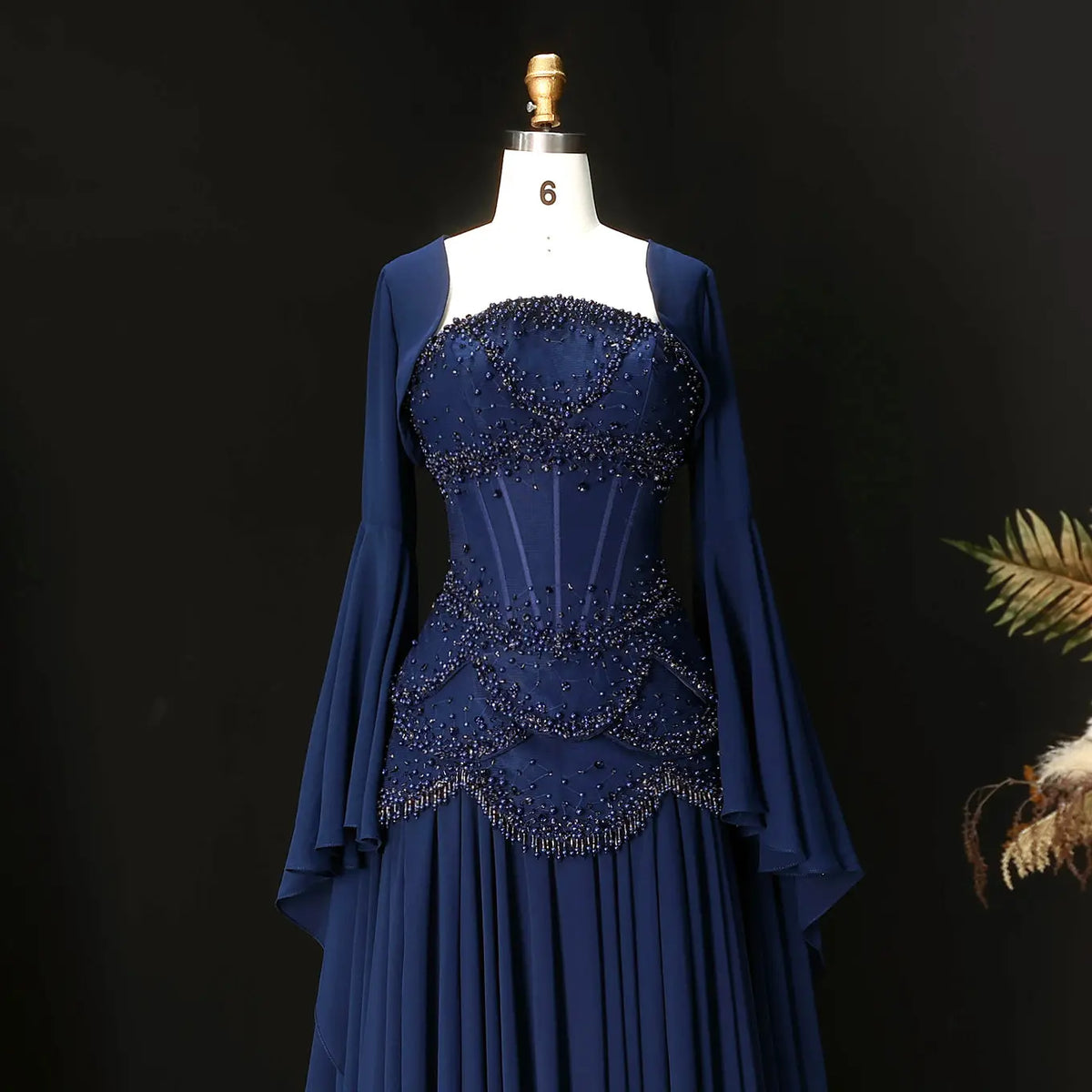 Luxury Pearls Tassel Blue and Yellow Evening Dress with Flowing Sleeves SS286 