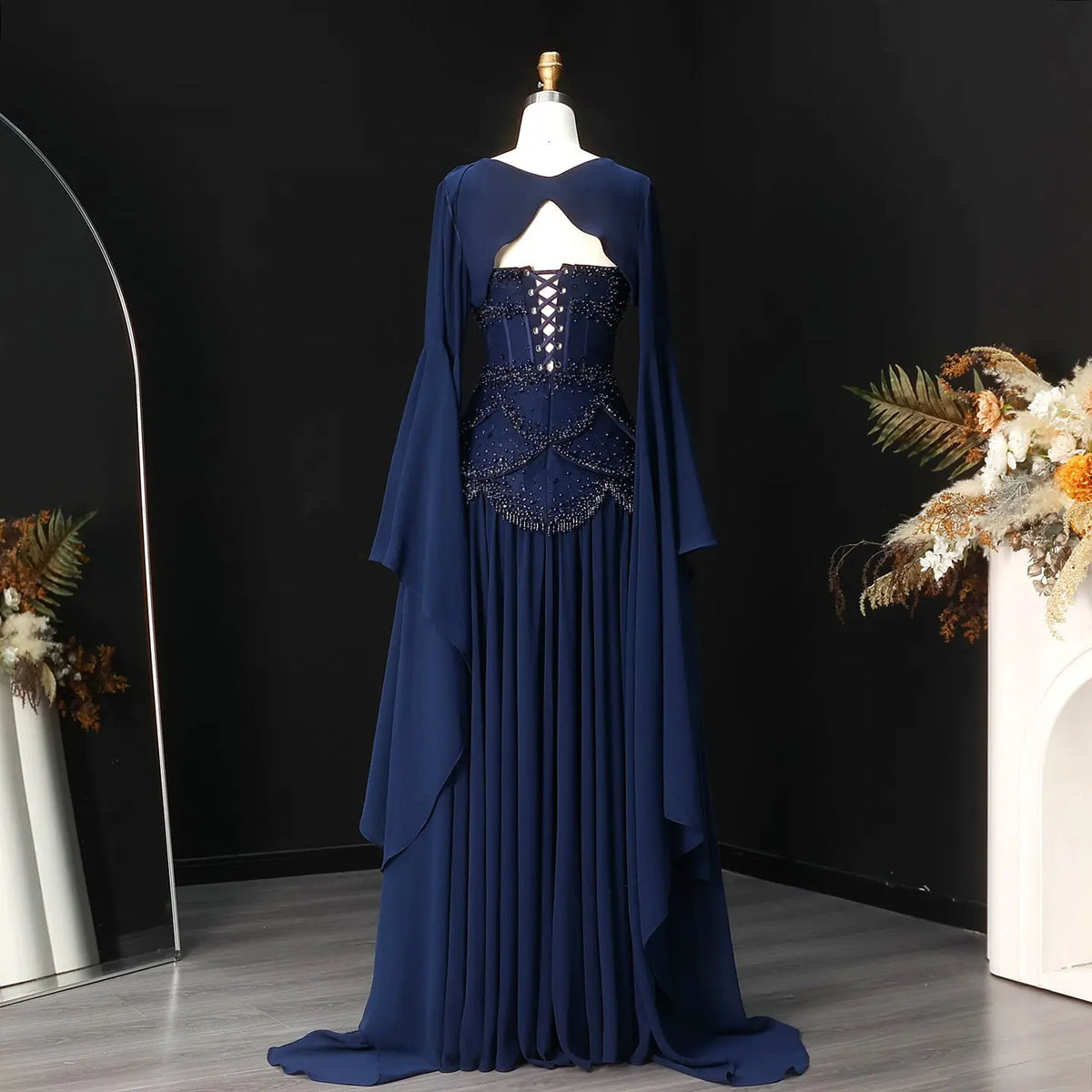 Luxury Pearls Tassel Blue and Yellow Evening Dress with Flowing Sleeves SS286 