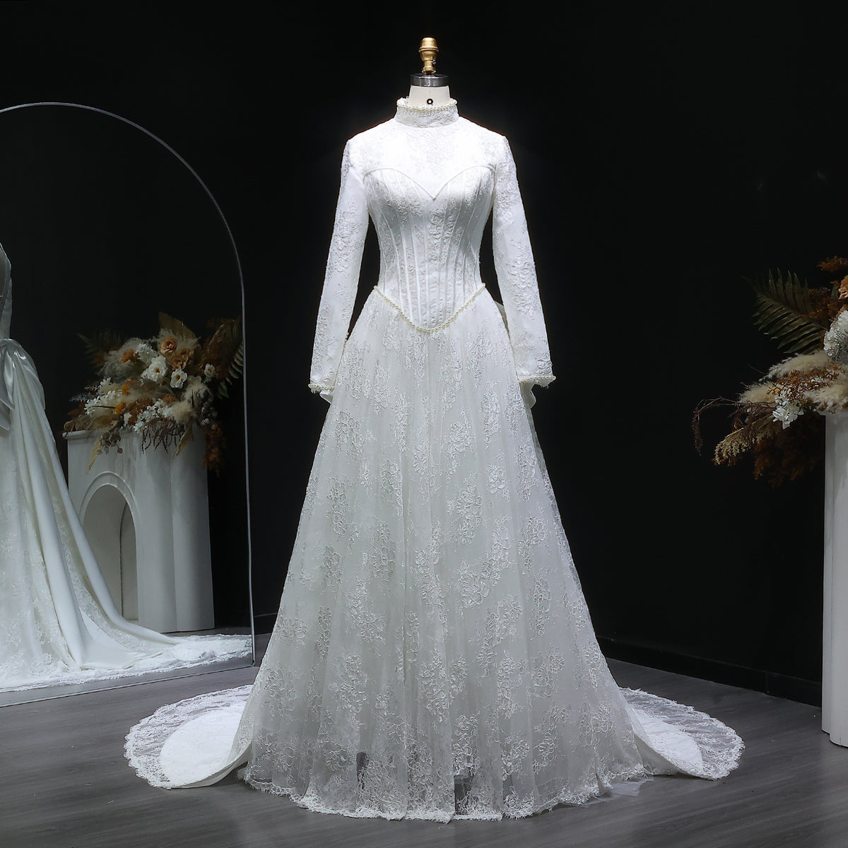 Luxury Pearl Long Sleeve Lace Wedding Dress SW514 