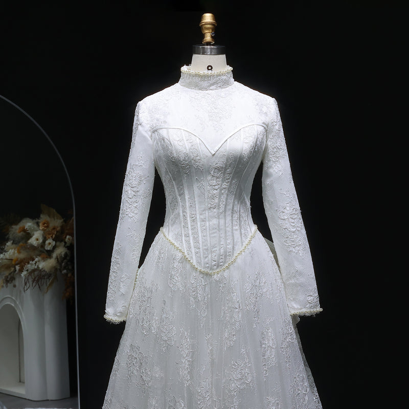 Luxury Pearl Long Sleeve Lace Wedding Dress SW514 