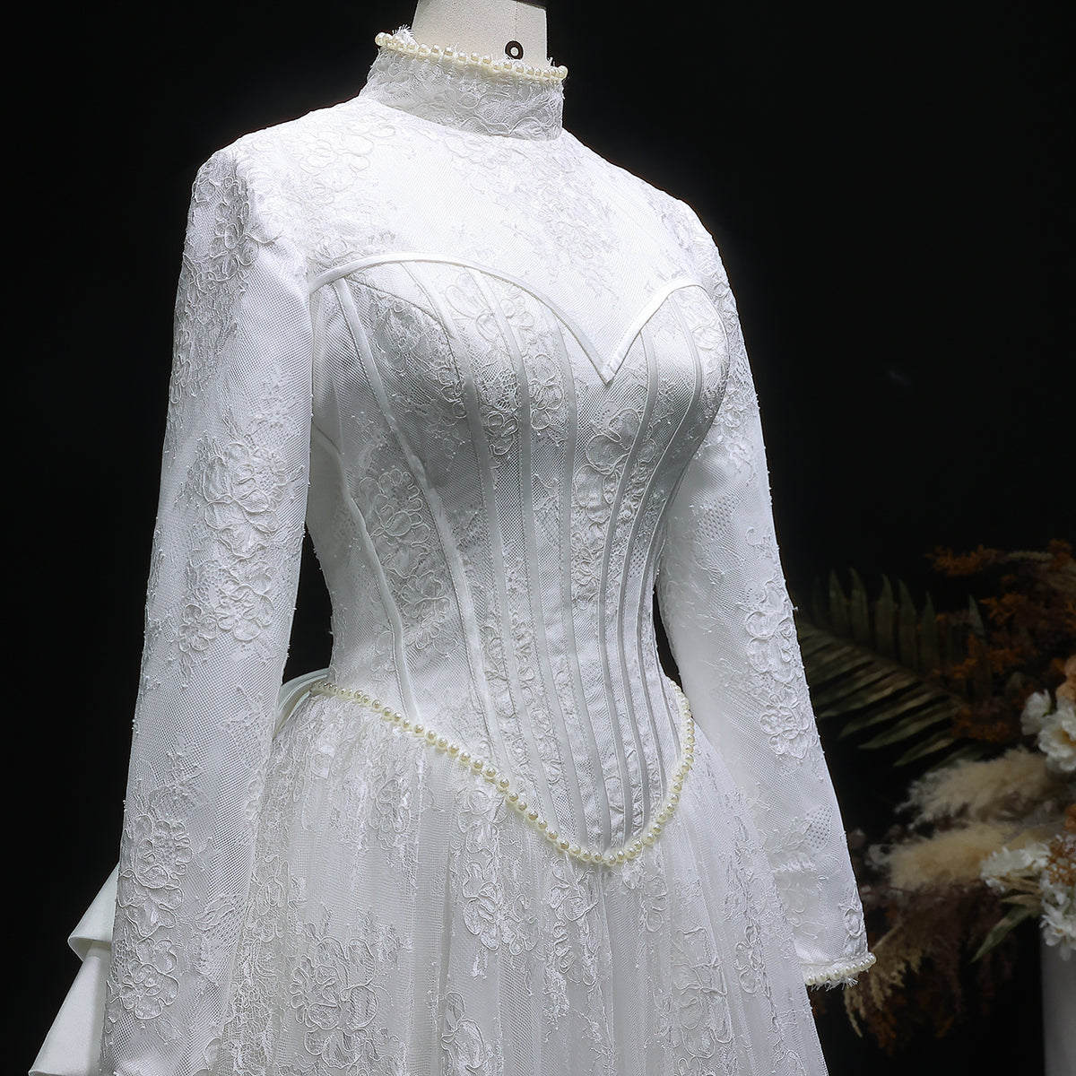 Luxury Pearl Long Sleeve Lace Wedding Dress SW514 