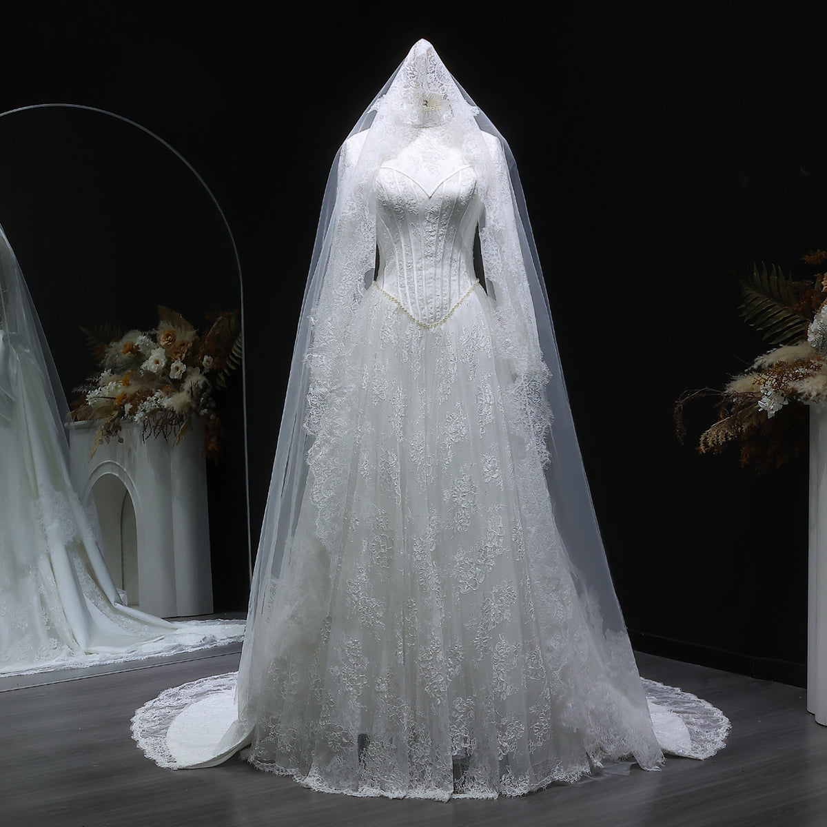 Luxury Pearl Long Sleeve Lace Wedding Dress SW514 